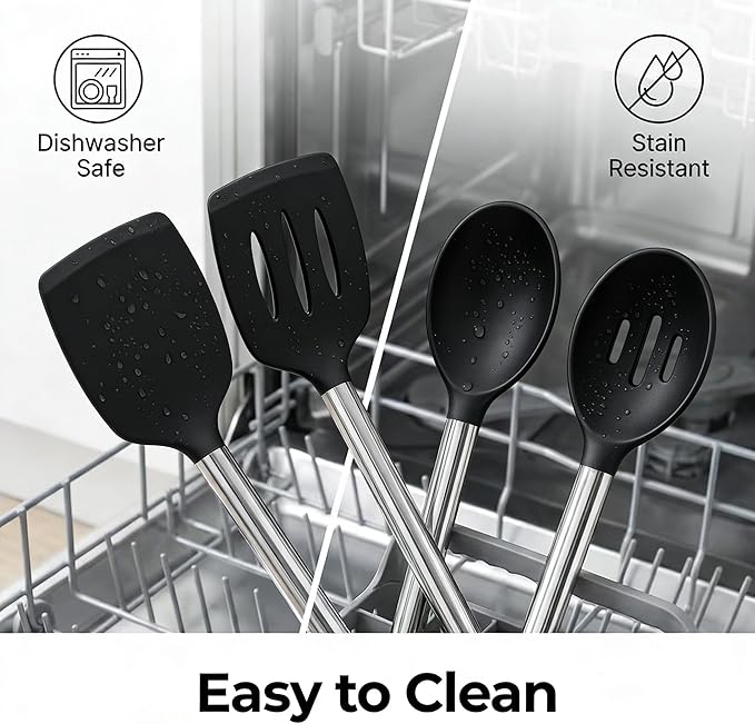 Vayvnt Silicone Cooking Utensils Set for Nonstick Cookware, 4 PCS Kitchen Silicone Spatula and Spoon Set with Stainless Steel Handle, Heat Resistant Kitchen Utensils, Dishwasher Safe, Black