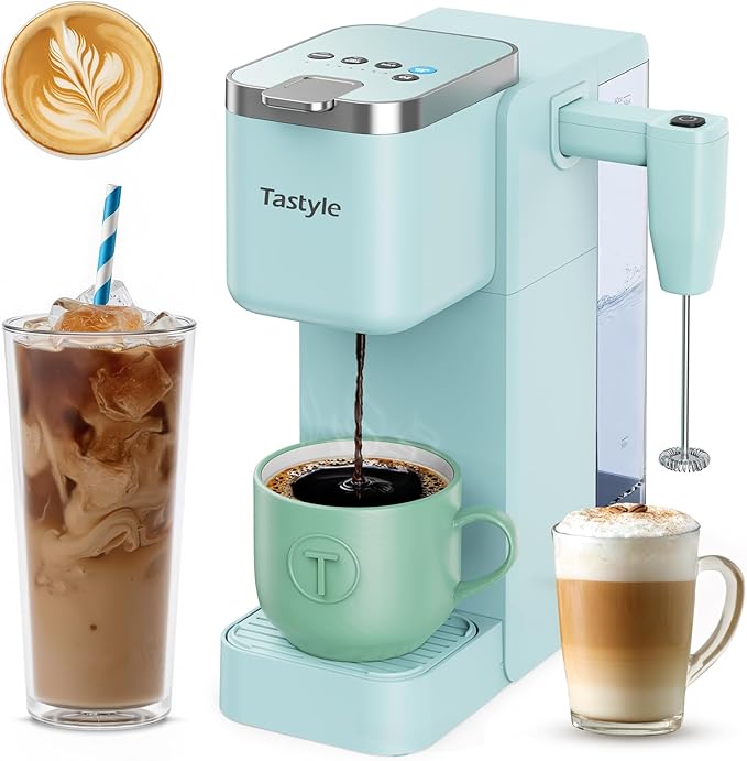 Tastyle 330MF Single Serve Coffee Maker with Built-in Detachable Milk Frother, Iced and Hot Coffee Machine for K Cup & Grounds, 40oz Removable Water Reservoir, 6 Cup Sizes, Fits 7.3" Travel Mug, Teal