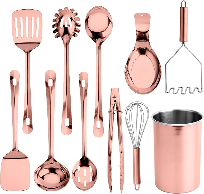 COOK WITH COLOR Kitchen Utensil Set - premium Nonstick & Heat Resistant Kitchen Gadgets, Turner, Spaghetti Server, Serving Spoons, Whisk, Tongs, Masher & Utensil Holder, 10-piece Rose Gold