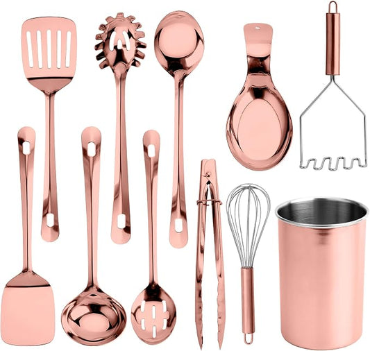 COOK WITH COLOR Kitchen Utensil Set - premium Nonstick & Heat Resistant Kitchen Gadgets, Turner, Spaghetti Server, Serving Spoons, Whisk, Tongs, Masher & Utensil Holder, 10-piece Rose Gold