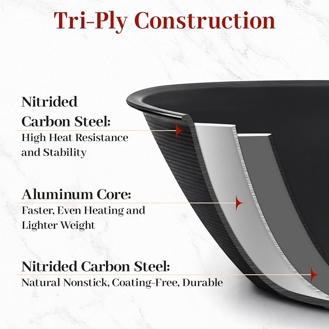 Carbon Steel Frying Pan 12" - Pre-Seasoned Carbon Steel Skillet, Lightweight, Natural Non-Stick, Induction Compatible