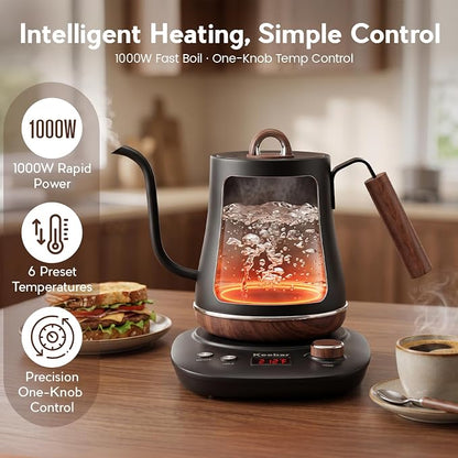 Electric Kettle, 1000W Quick Heating Gooseneck Kettles, 1.0L/33.82oz, 0.8mm Ultra-Fine Spout, Precise Water Flow Control, 304 Stainless Steel Inner, Auto Shut-Off, Boil Dry Protection, Matte Black