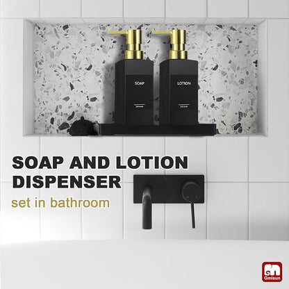 GMISUN Kitchen Soap Dispenser Set with Tray, Dish Soap Dispensers for Kitchen, 12fl oz/350ml Hand and Dish Soap Dispenser Set, Black Soap Dispensers with Gold Pump, Glass Liquid Soap and Lotion Bottle