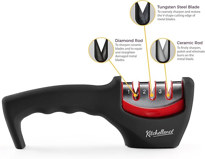 4-in-1 Kitchen Knife Accessories: 3-Stage Knife Sharpener Helps Repair, Restore and Polish Blades and Cut-Resistant Glove
