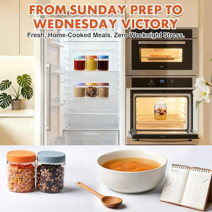 6 Pack 16oz Borosilicate Glass Meal Prep Jars with Airtight Lids - Leak & Spill Proof, Wide Mouth, BPA-Free - Freezer to Oven Safe for Soup, Bone Broth, Overnight Oats