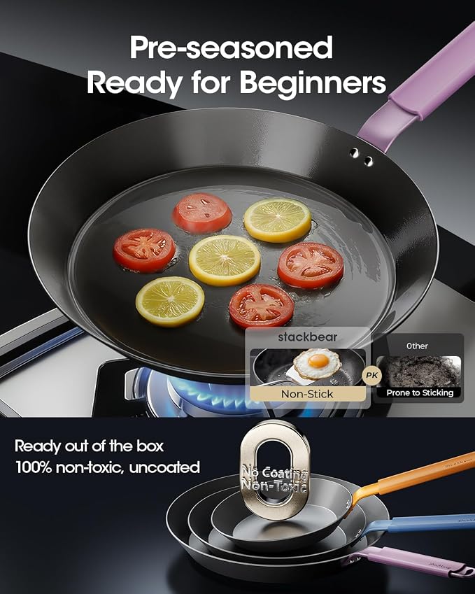Carbon Steel Skillet 12 Inch, Nitrided Steel Frying Pan, Preseasoned Rust Resistant Large Cooking Pan with Ergonomic Handle & Removable Silicone Grip, Induction & Oven Safe