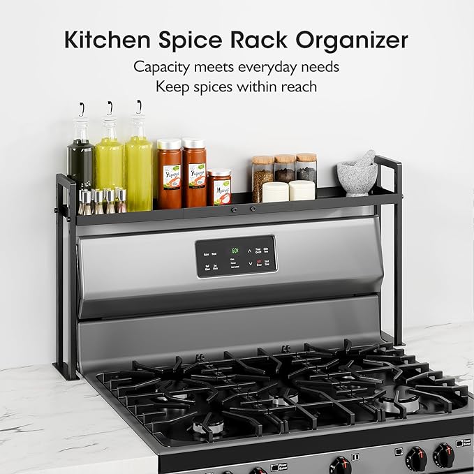 Bumusty Adjustable High Stand Stove Top Shelf – Expandable 4-Level Spice Rack and Kitchen Countertop Organizer, Anti-Slip Metal, 27"–33" Length, 11"–14" Height, Black