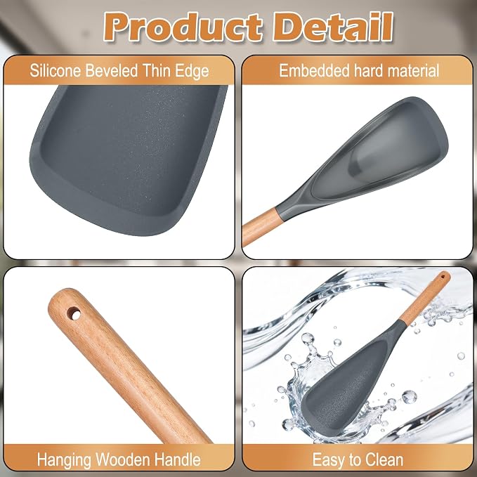 Cooking Spoon Set with Wooden Handle, Heat-Resistant Kitchen Utensils for Stirring, Mixing, Serving, Non-Stick Cookware (GRAY - 1Pack)