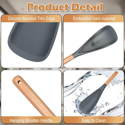 Cooking Spoon Set with Wooden Handle, Heat-Resistant Kitchen Utensils for Stirring, Mixing, Serving, Non-Stick Cookware (GRAY - 1Pack)