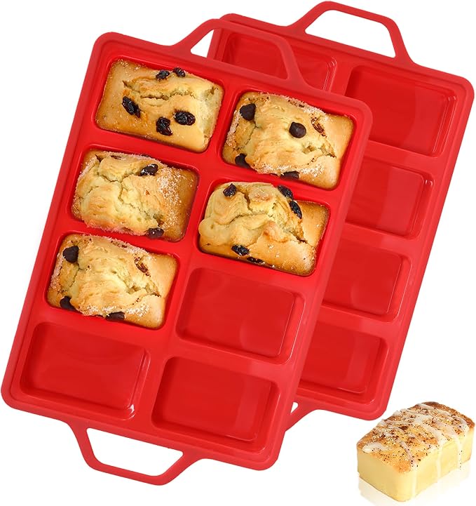 Mini Loaf Pans, Metal Reinforced Frame Silicone Mini Bread Loaf Pans 8 Cavities Nonstick for Baking Cornbread, Bread, Small Loaf, Brownie, Cheesecake, Chocolate 2 Pack Red