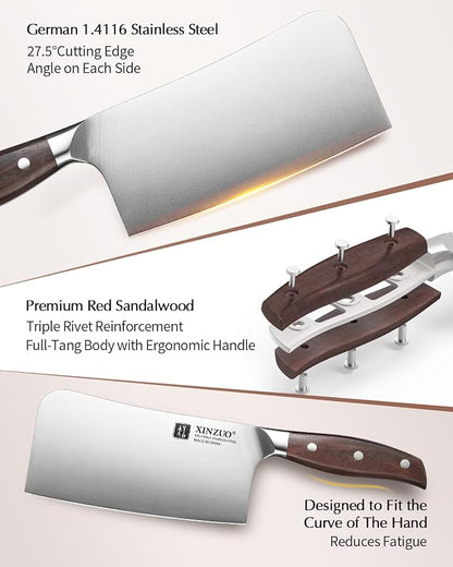 XINZUO 7 Inches Bone Cleaver Knife,Heavy Duty Bone Chopper, Butcher Cutting Knife for Professional Chefs and Home Cooking,Ultra Sharp, Red Sandalwood Handle