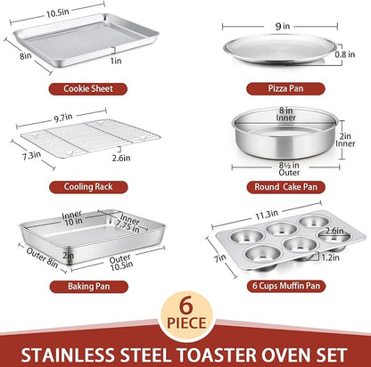 Toaster Oven Bakeware Set, E-far 6-Piece Stainless Steel Small Baking Pan Set, Include Cake Brownie Pan/Cookie Sheet with Rack/Muffin Tin/Pizza Pan, Non-Toxic & Healthy, Easy Clean & Dishwasher Safe