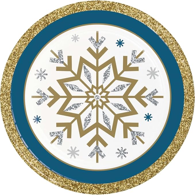Whimsical Winter Party Supply Pack | Bundle Includes Paper Dinner Plates, Dessert Plates & Napkins for 8 People | Winter Blue Silver and Gold Snowflakes