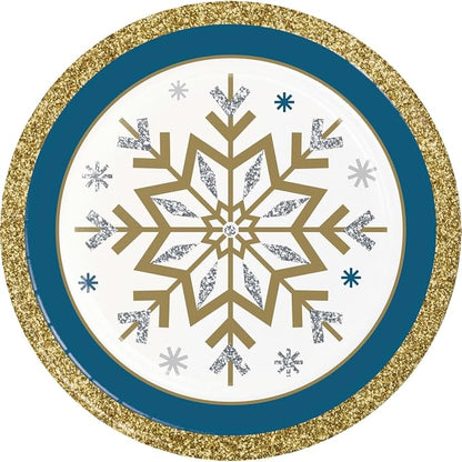 Whimsical Winter Party Supply Pack | Bundle Includes Paper Dinner Plates, Dessert Plates & Napkins for 8 People | Winter Blue Silver and Gold Snowflakes