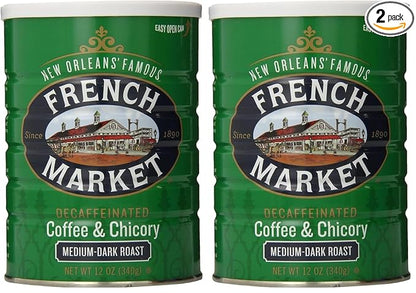 French Market Coffee & Chicory Decaffeinated Medium-Dark Roast Ground Coffee, 12oz Can (Pack of 2)