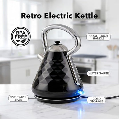 OVENTE Retro Electric Kettle, 1.7L Stainless Steel Tea Kettle, 1500W Fast Heating Hot Water Boiler with LED Indicator Light, Auto Shut-Off & Boil-Dry Protection, BPA-Free Teapot, Black KS755B