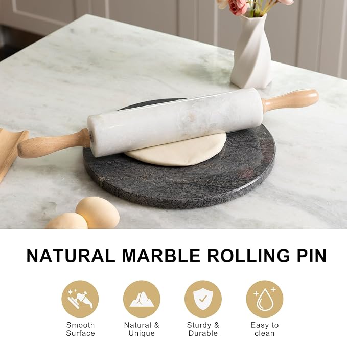 Koville White Marble Rolling Pin With Wooden Handles & Wood Cradle, 18 Inch Polished Marble Rolling Pins For Making Pizza Dough, Dough Roller For Pie Crust, Cookie, Pasta, Ergonomic Handles
