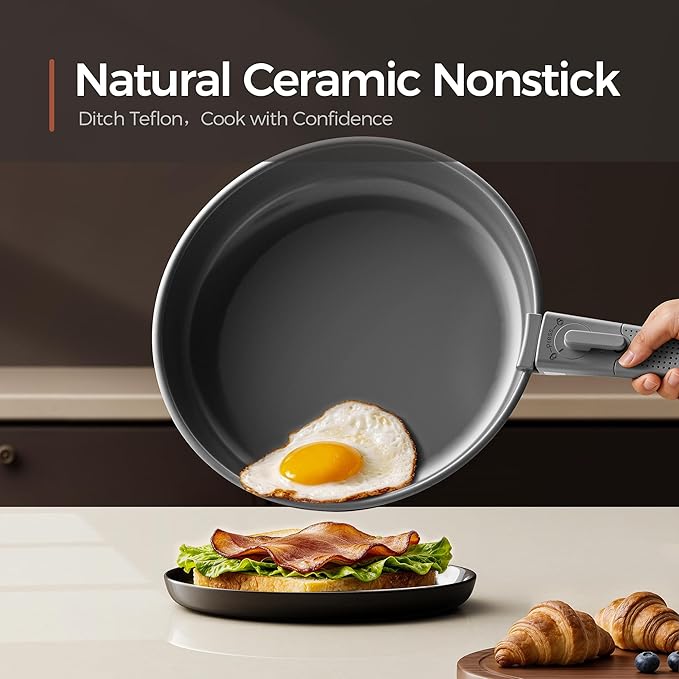 16PCS Pots and Pans Set Non Stick, Diamond-Titanium Ceramic Cookware Set & 3 Layer Stainless Steel with Detachable Handle, Induction Cookware, Non Toxic Oven/Dishwasher Safe, Gray