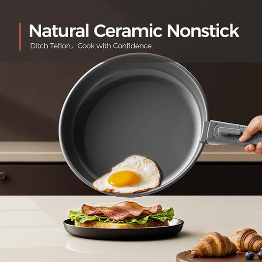 16PCS Pots and Pans Set Non Stick, Diamond-Titanium Ceramic Cookware Set & 3 Layer Stainless Steel with Detachable Handle, Induction Cookware, Non Toxic Oven/Dishwasher Safe, Gray