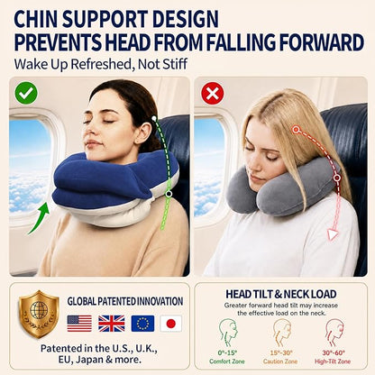 BUYUE Travel Neck Pillows for Airplanes, Memory Foam 360° Head Support Sleep for Long Flight, Skin-Friendly & Breathable, Kit with Eye Mask, Earplugs and Storage Bag (Adult, Navy, 90+ lbs)