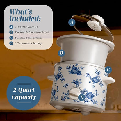 COOK WITH COLOR 2QT Mini Electric Round Slow Cooker - Adjustable Settings, Removable Stoneware Pot, Tempered Glass Lid, Dishwasher Safe, Cool-Touch Side Handles, Floral Blue