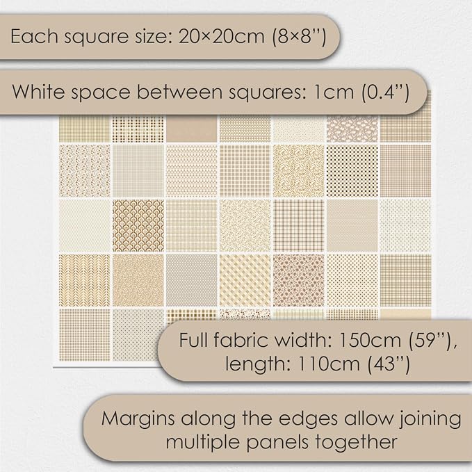 Cotton Satin Patchwork Fabric Panel – 35 Designs, 20×20 cm Squares, Single Piece 150×110 cm, Neutral Beige Quilt Fabric (Golden Beige Patchwork Set, 35pcs 8x8 inch)