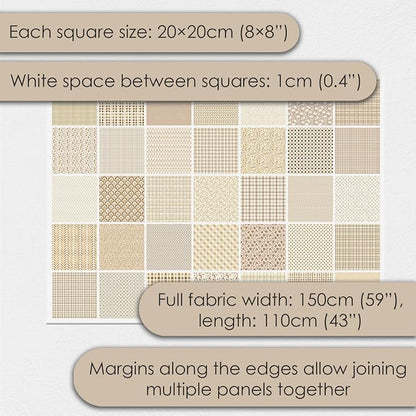Cotton Satin Patchwork Fabric Panel – 35 Designs, 20×20 cm Squares, Single Piece 150×110 cm, Neutral Beige Quilt Fabric (Golden Beige Patchwork Set, 35pcs 8x8 inch)