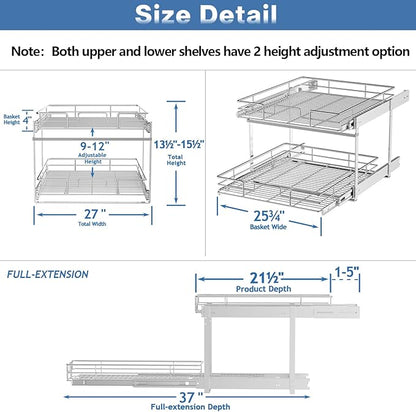 LOVMOR Individual Pull Out Cabinet Organizer, 2 Tier Slide Out Cabinet Drawers, Pots and Pans Organizer and Storage Pantry Shelf for Kitchen (27" W x 21½" D)