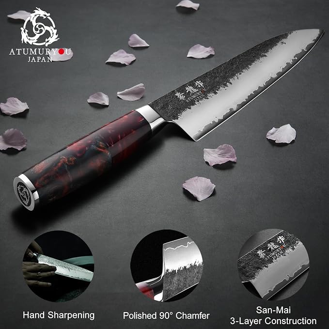 Japanese Chef Knife, 8 Inch Hand Forged Kitchen Knives with VG10 Core, Professional Gyuto Knife for Home & Restaurant, Sanmai Chefs Knives with Ergonomic Red Handle, Father Day Gift for Dad Husband