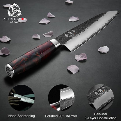 Japanese Chef Knife, 8 Inch Hand Forged Kitchen Knives with VG10 Core, Professional Gyuto Knife for Home & Restaurant, Sanmai Chefs Knives with Ergonomic Red Handle, Father Day Gift for Dad Husband