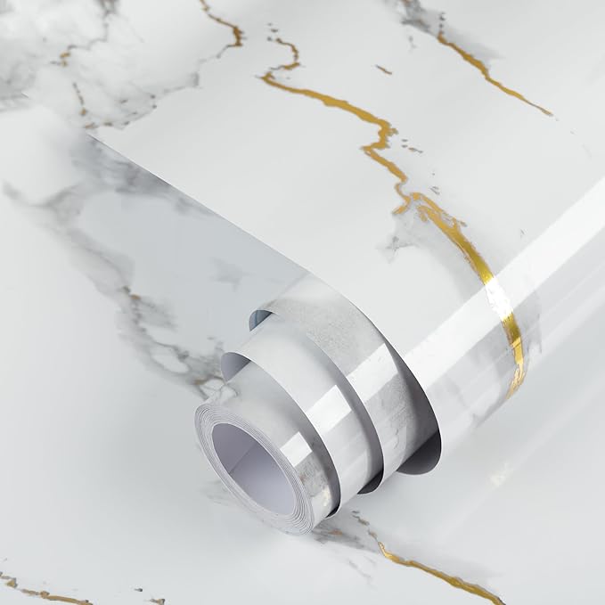 practicalWs Glossy Marble Wallpaper Peel and Stick White/Gold Granite Contact Paper Removable Wall Paper for Kitchen Countertop Cabinet Furniture 35.4" x 118"