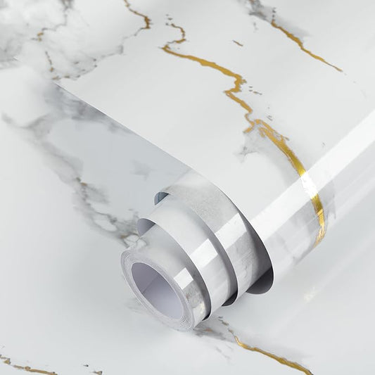 practicalWs Glossy Marble Wallpaper Peel and Stick White/Gold Granite Contact Paper Removable Wall Paper for Kitchen Countertop Cabinet Furniture 35.4" x 118"