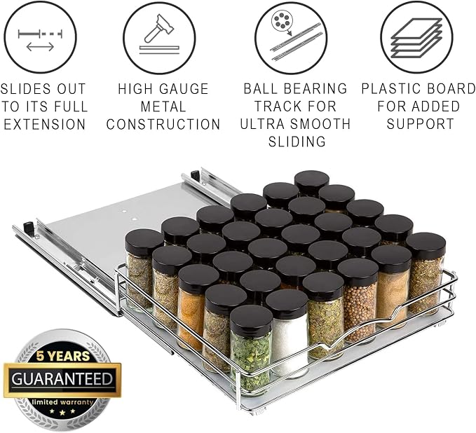 Pull-Out Cabinet Spice Rack Organizer - Slim Slide-Out Storage for Spices, Bottles & Jars, Premium Heavy-Duty Steel, Easy Install for Narrow Kitchen Cabinets - 12 ⅜ W x 10 ⅜ D x 2 ¾ H, Chrome