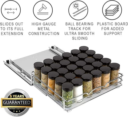 Pull-Out Cabinet Spice Rack Organizer - Slim Slide-Out Storage for Spices, Bottles & Jars, Premium Heavy-Duty Steel, Easy Install for Narrow Kitchen Cabinets - 12 ⅜ W x 10 ⅜ D x 2 ¾ H, Chrome