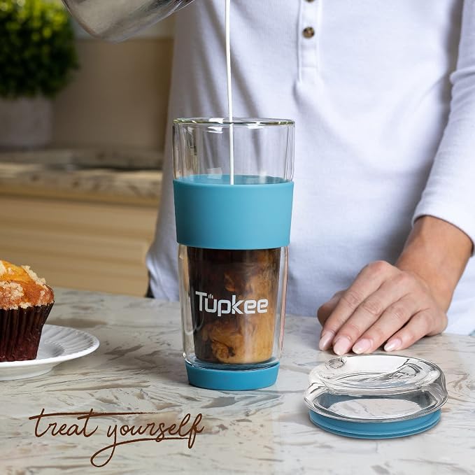 Double Wall All Glass Tumbler - 14-Ounce, Reusable Insulated Tea/Coffee Mug & Lid, Hand Blown Glass Travel Mug - Niagara - 2 Pack