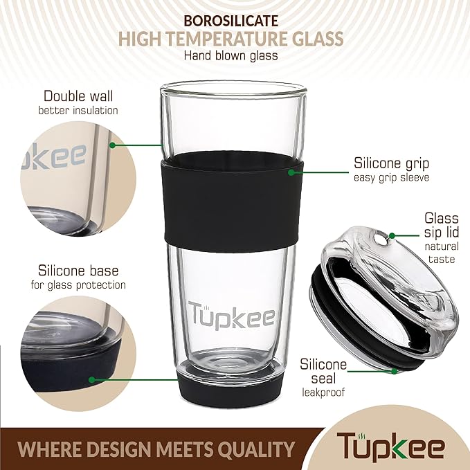 Double Wall All Glass Tumbler - 14-Ounce, Reusable Insulated Tea/Coffee Mug & Lid, Hand Blown Glass Travel Mug - Black - 2 Pack