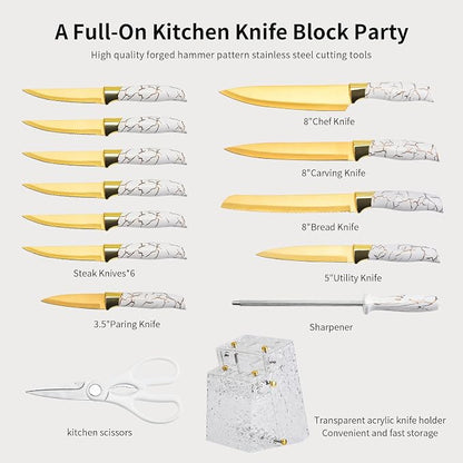 Kitchen Knife Set Non Stick Knives with Block, Serrated Steak Knife, Chef Knife, Bread Knife, Scissors, Sharpener, 14Pcs Stainless Steel Ultra-Sharp Cutlery Block Sets with Titanium Coated Blade