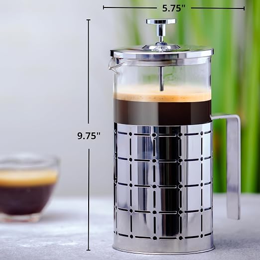 OVENTE French Press Coffee Maker 34 Ounce with Heat Resistant Borosilicate Glass, Stainless Steel Design and 4-Level Filter System, Portable Cold Brewer Pot for Travel, Camping or Gift, Silver FSS34P