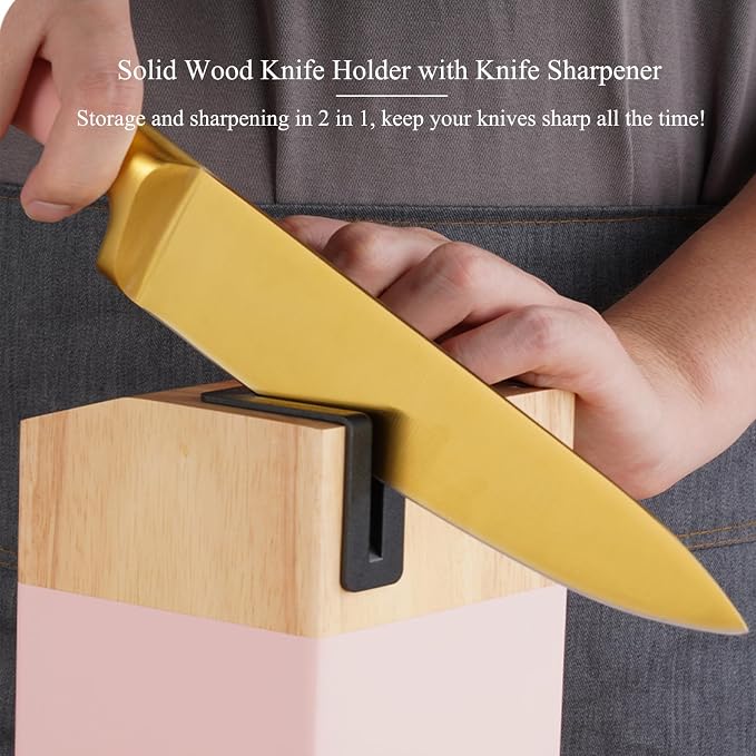 Aesthetic Gold Pink Kitchen Knife Set,7Pcs Gold Titanium Coated Dishwasher Safe Knife Block Sets,Wooden Block with Built-In Sharpener,Luxury Gift for Women Modern Kitchen