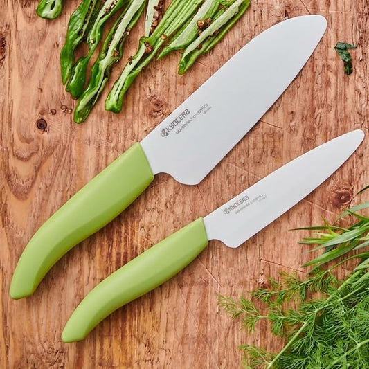 KYOCERA Revolution 2-Piece Ceramic Knife Set: 5.5" Santoku and 4.5" Utility Knife for Your Cooking Needs, White Blades with Green Handles
