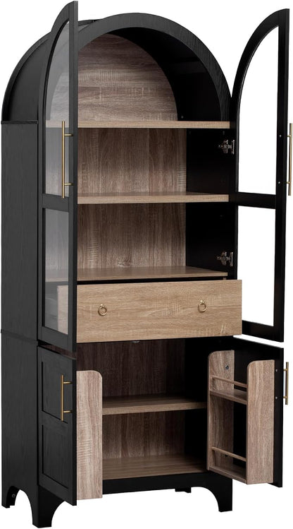 VilroCaz 71" Tall Arched Kitchen Pantry with Glass Doors and a Large Drawer, Farmhouse Kitchen Storage Cabinet with Open & Adjustable Shelves, Cupboard for Dining Room (Black-6.4)