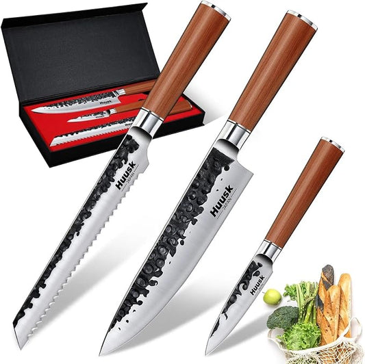 Huusk Japanese Kitchen Knife Set of 3, Professional Chef Knives Set for Kitchen, Sharp Cooking Knife Sets with Bread, Gyutou & Paring Knives, High Carbon Steel Sharp Cutting Knifes, Men Women Gifts