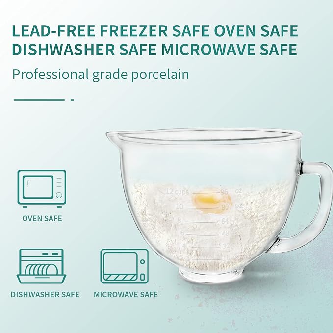 Glass Bowl Compatible With KITCHENAID Stand Mixer,5QT,With Red Lid Compatible with Artisan 5KSM125, 5KSM150, 5KSM175, 5KSM7580, KSM150, RRK150 and More Models for Simple Attachment