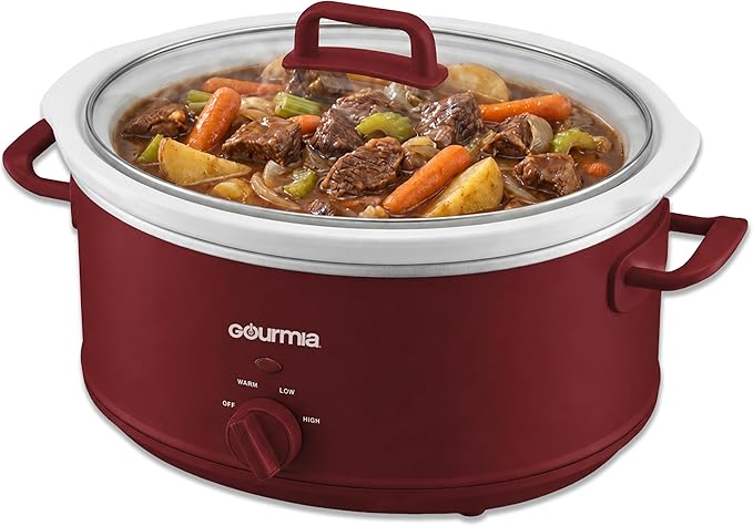 Gourmia Slow Cooker - 7 Quart Removable Ceramic Pot, Manual Controls with 3 Temperature Settings, Dishwasher Safe Crock and Glass Lid, Red