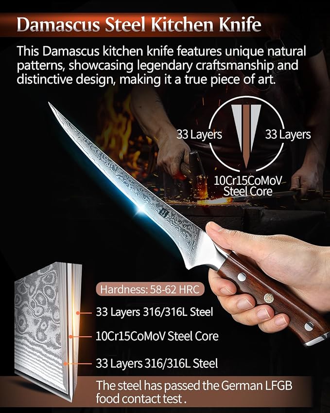 XINZUO 7 Inch Fillet Knife, Damascus Steel with 10Cr15MoV Core, Razor Sharp Boning Knife for Fish, Meat & Seafood, Rosewood Handle