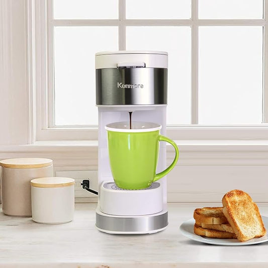 Kenmore Single Serve Coffee Maker – Compatible with Keurig K‑Cup Pods & Ground Coffee, One Cup Brewer, 6–12 Oz Brew Sizes, Travel Mug Friendly, Auto Shut‑Off, Hot & Iced Maquina de cafe, White