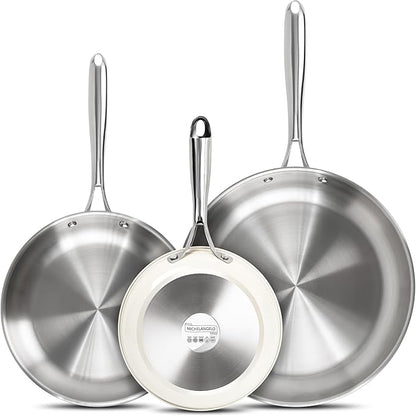 MICHELANGELO Stainless Steel Frying Pan Set, 8" 9.5" 11" Induction Pan, Triply Base Cooking Pans with Ergonomic Handle, for All Stove - Beige