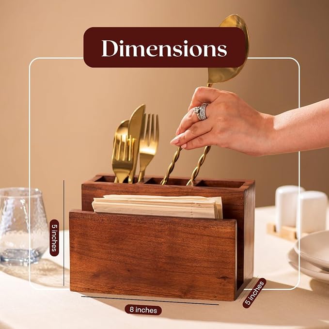 nestroots Silverware, Napkins & Spoon Holder, Acacia Wooden Utensil Caddy, Organizer Countertop, Cutlery Holder for Party, Fork, Knife Organizer (Brown 01)