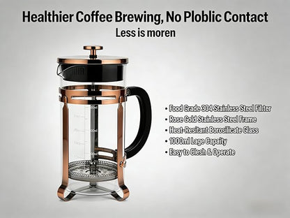 21oz French Press Coffee Maker, Thickened Borosilicate Glass & 304 Stainless Steel Double Mesh Filter. Cold Brew & Tea Brewer for Travel Camping, Kitchen Decor, Bar Accessories Gift (Copper)