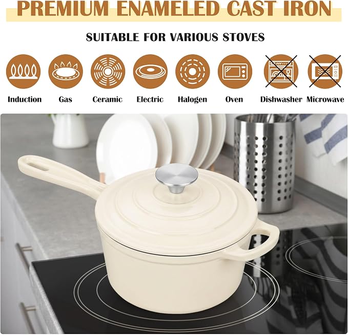E-far Enameled Cast Iron Sauce Pan, 2 Quart Dutch Oven Saucepan with Lid, Small Sauce Pot for Cooking, Boiling, Healthy & Non Toxic, Induction & Oven Safe, Cream